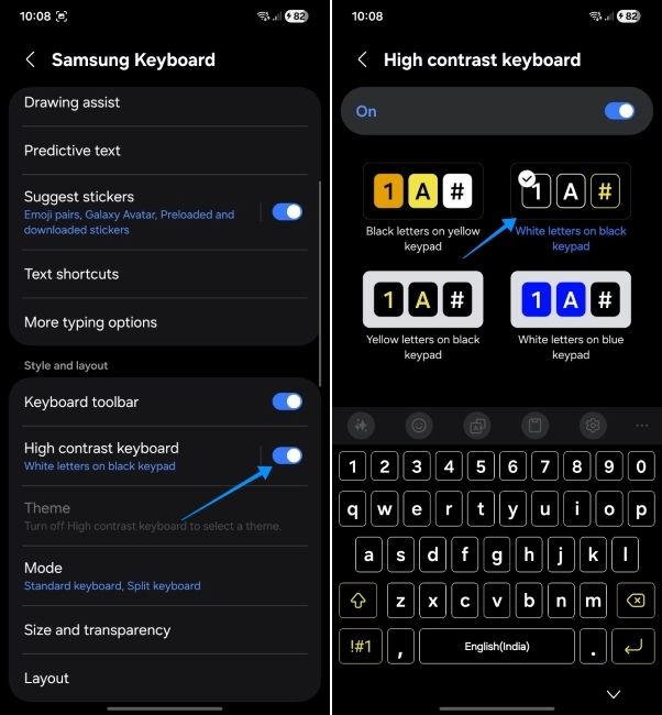 one ui screenshot showing how to enable high contrast dark keyboard on samsung phones