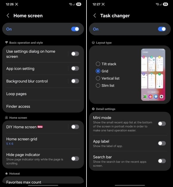 one ui screenshot showing home up plugin customisation options
