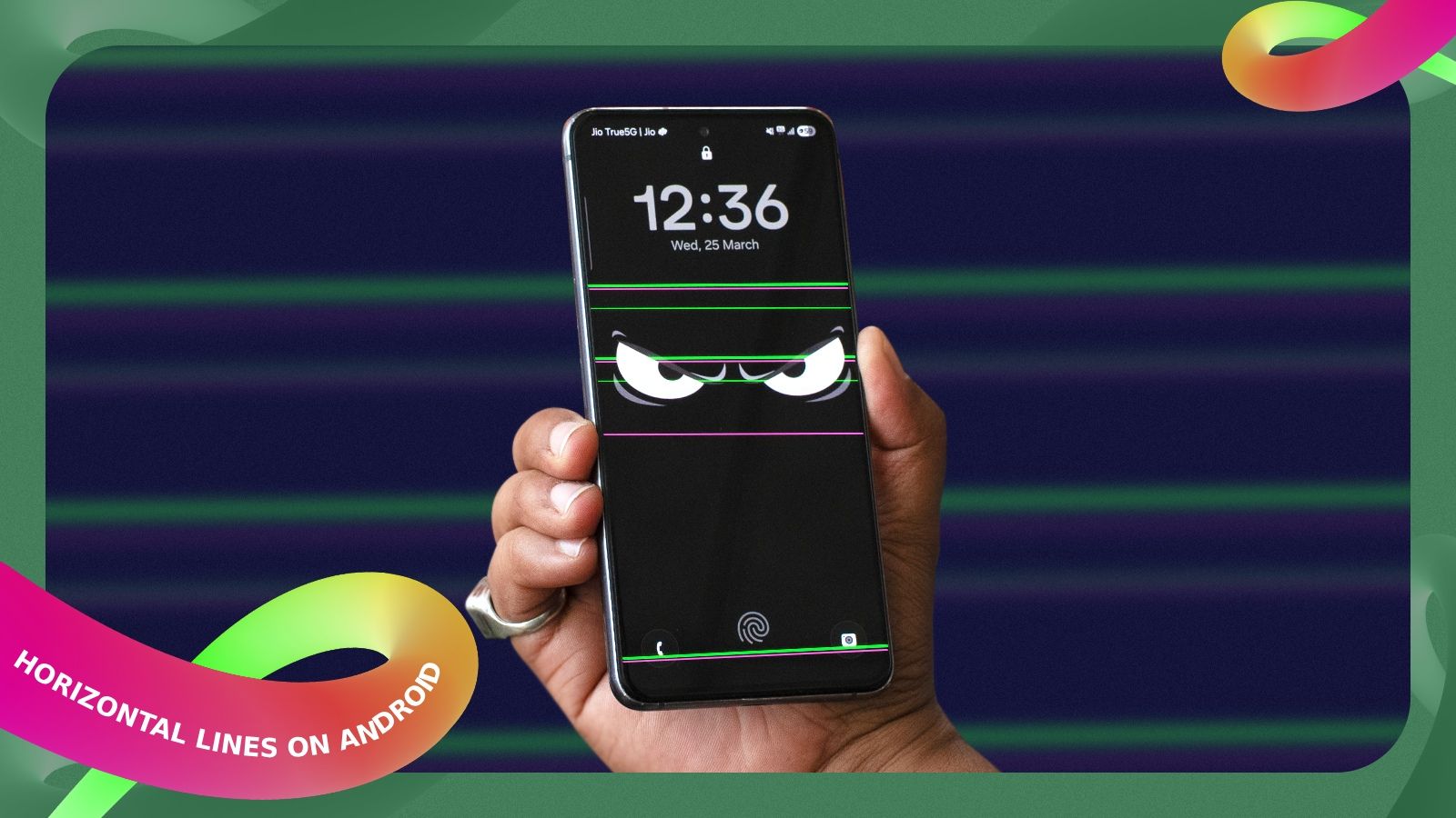 shot of a hand holding an android phone with horizontal lines on the screen