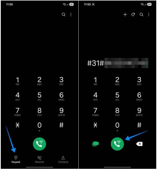One UI screenshot showing the Phone app and process of making a single number private on Samsung phones
