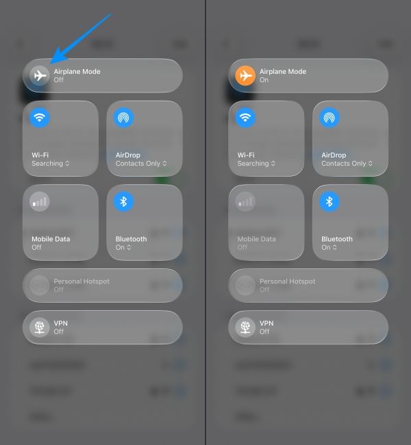 iPhone Control Center screenshots with annotation pointing towards airplane mode