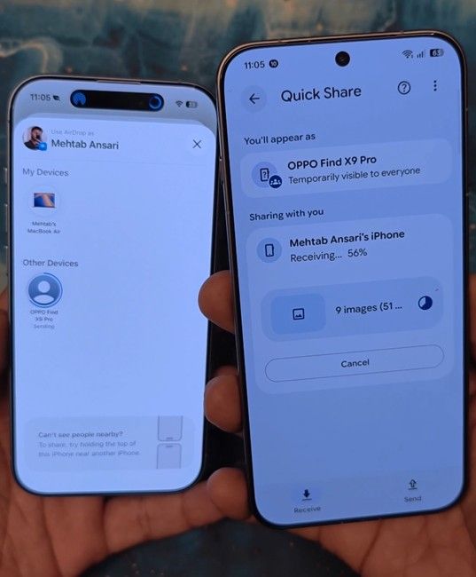 Oppo Find X9 Pro transferring files to an iPhone via airdrop