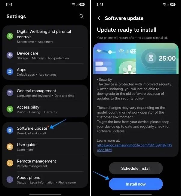 oneui screenshot showing how to update software