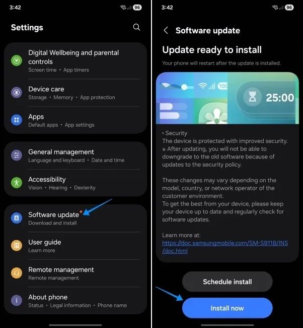 android screenshot showing how to install oneui update