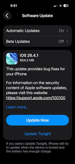 iOS 26.4.1 update page screenshot