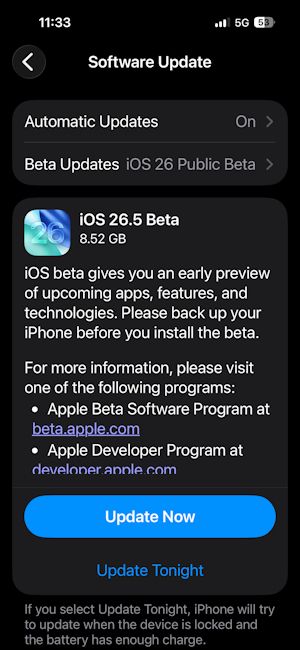 iOS 26.5 Public Beta 1 update page