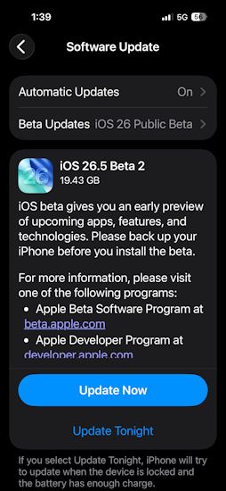 iOS 26.5 Public Beta 2 update page screenshot