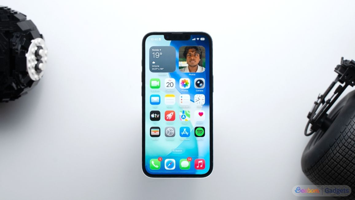 shot of the iPhone 17e on a table showing the display and home screen