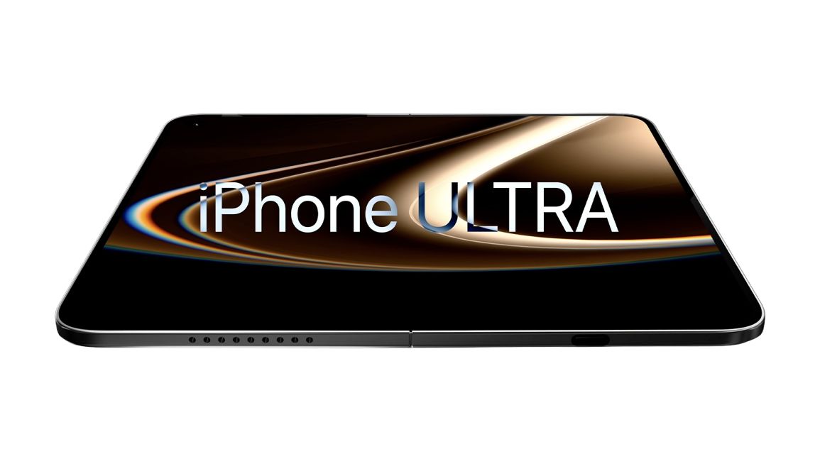 iPhone Fold Ultra in a silver colour 3D rendered image against a green background