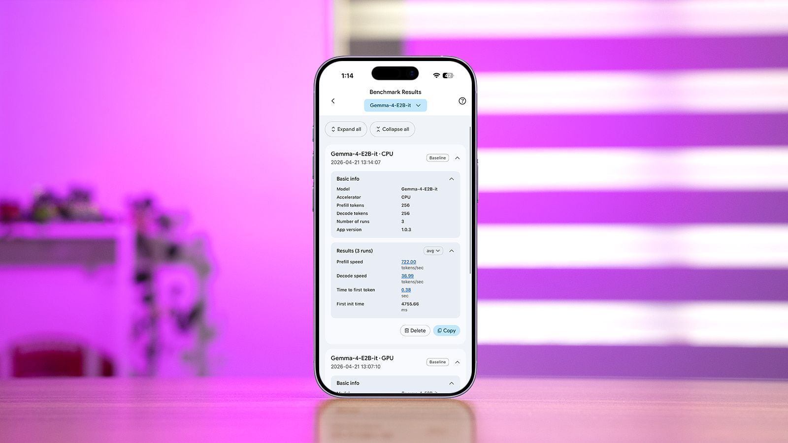 image of iphone air showing gemma 4 benchmark results, purple background