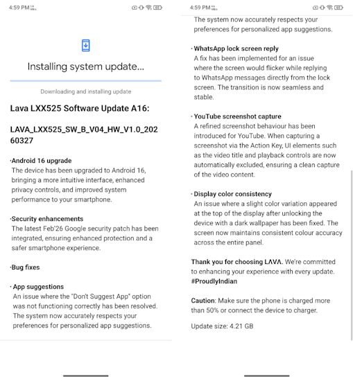 Lava Agni 4 Android 16 stable update changelog screenshots