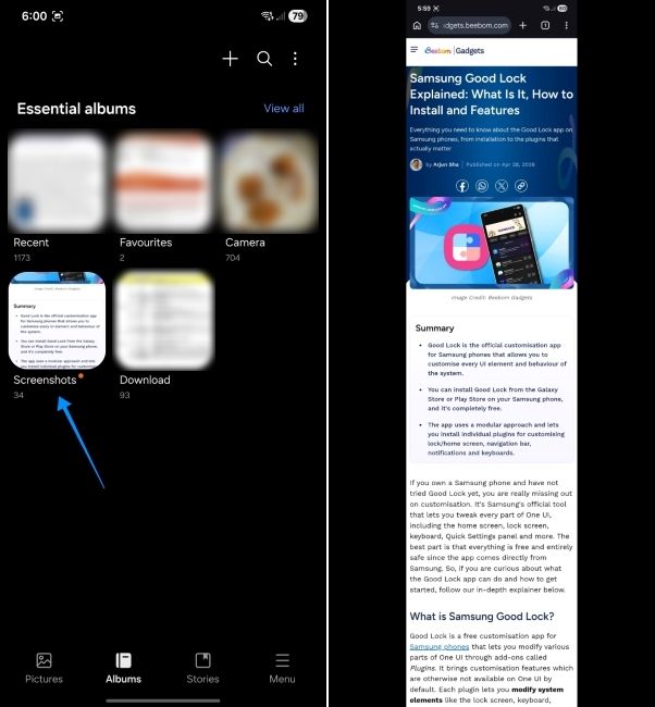a screenshot from one ui showing where to locate the long screenshot on samsung phones