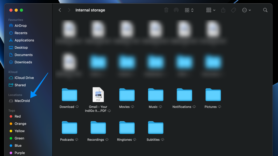 macos screenshot showing macdroid in finder hosting android's internal storage