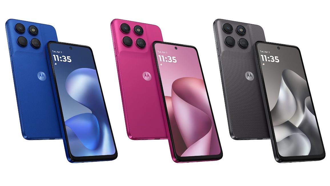 Moto g47 in  Pantone Impenetrable, Pantone Nautical Blue and Pantone Fuchsia Red