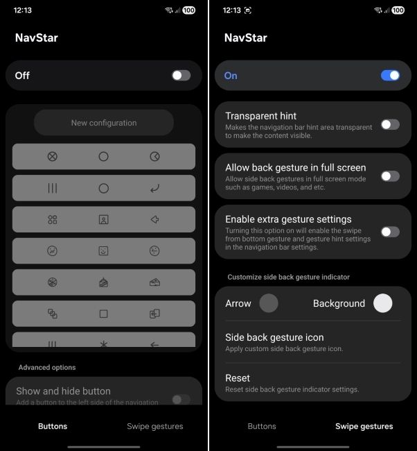 one ui screenshot showing navstar plugin customisation options