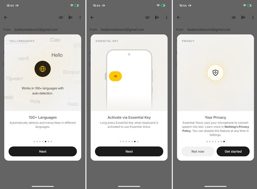 Nothing Essential Voice privacy panel showcased