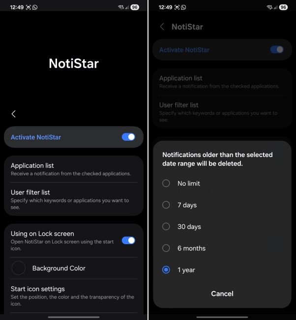 one ui screenshot showing notistar plugin customisation options