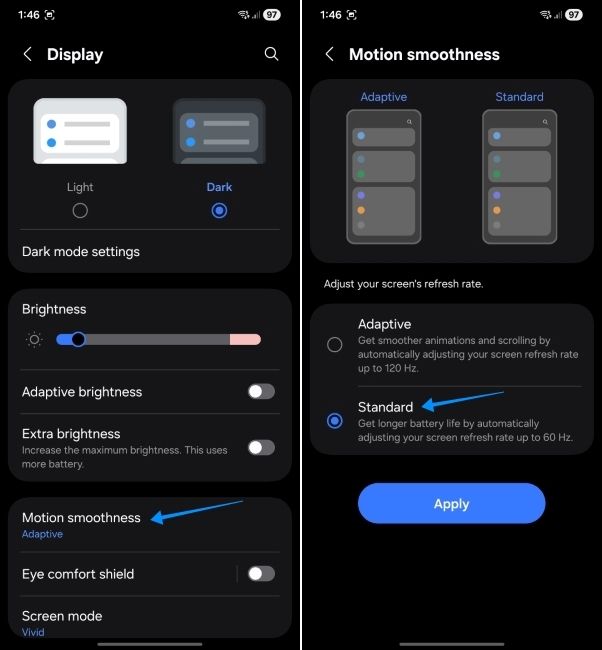 one ui screenshot showing steps to change motion smoothness to 60hz