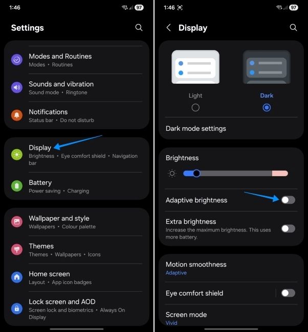 oneui screenshot showing steps to disable adaptive brightness on samsung phones to fix screen flickering