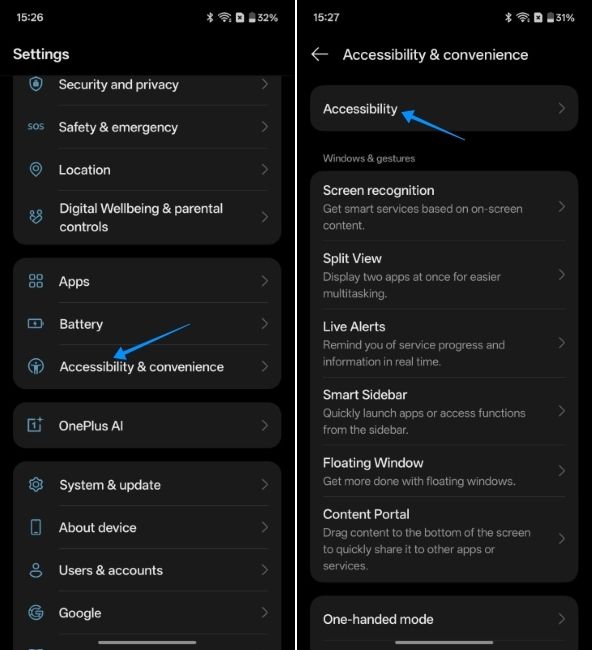 screenshot from oneplus phone showing how to open accessibility menu