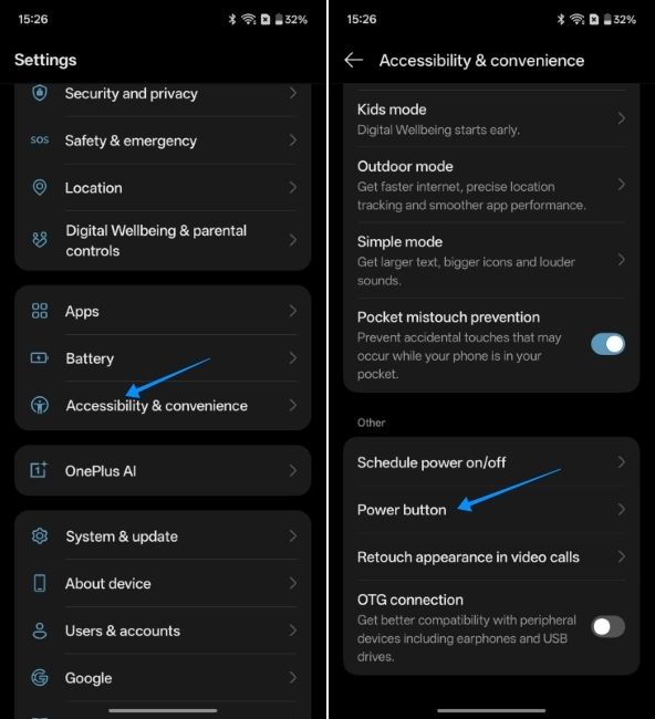 screenshot from oneplus phone showing option to remap power button