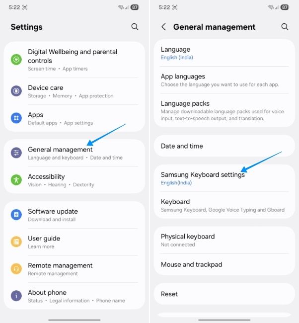 one ui screenshot showing steps to open samsung keyboard settings