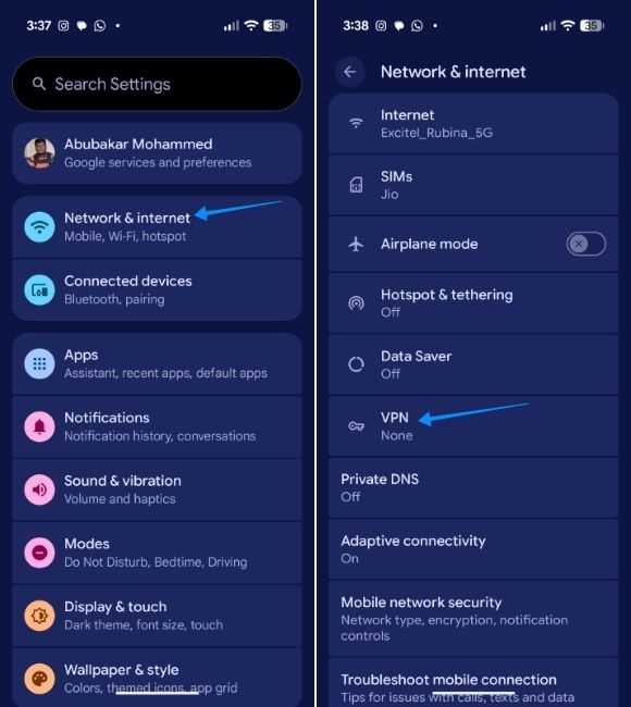 pixel ui screenshot showing steps to open vpn settings page