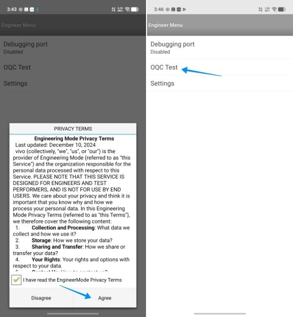screenshot from vivo phone showing engineer mode screen