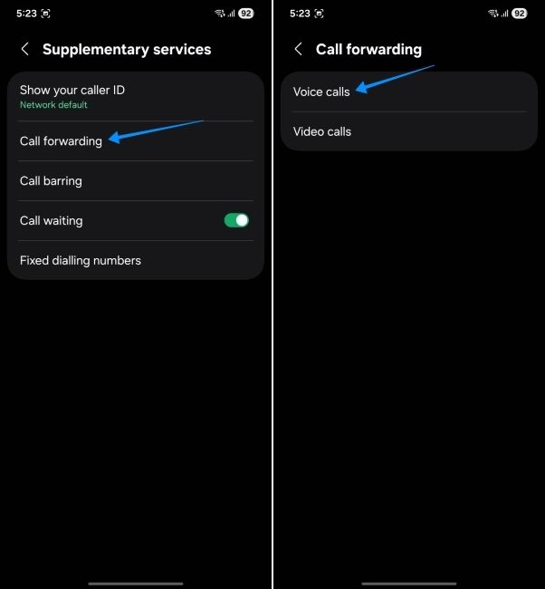 samsung phone screenshot showing steps to open call forwarding voice calls setting