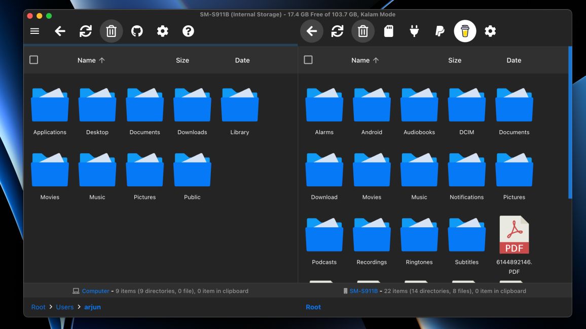 macos screenshot showing openmtp open with android storage on the right