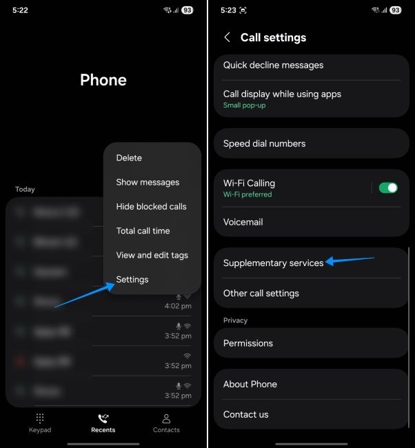 samsung phone screenshot showing steps to open call forwarding setting