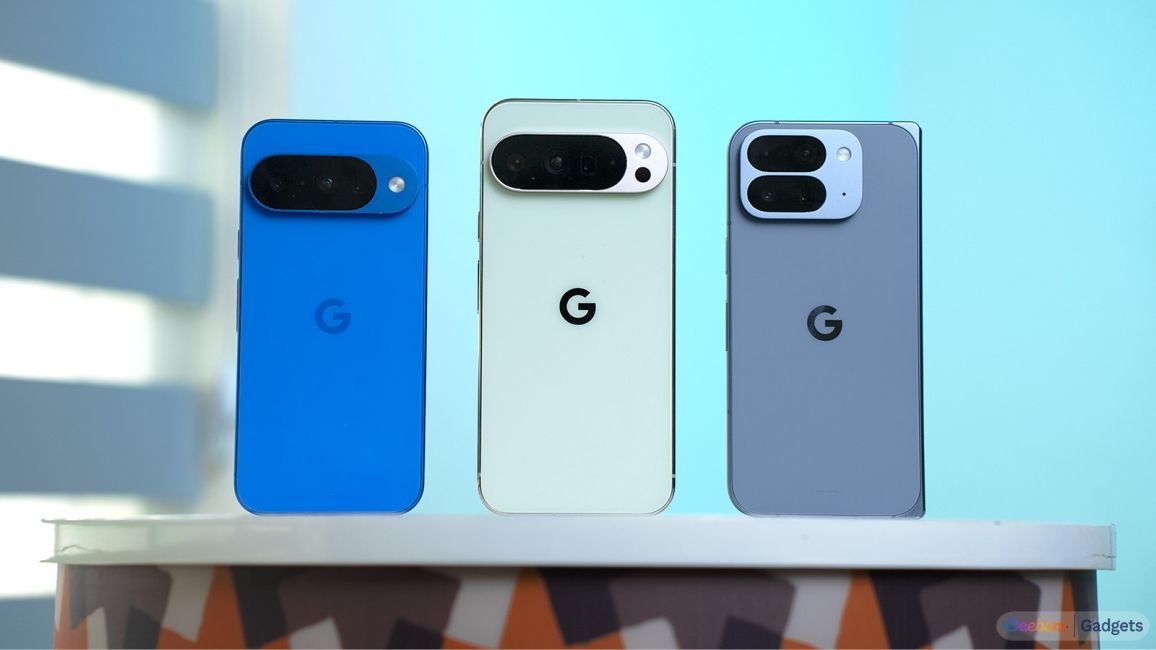 shot of Pixel phones standing upright placed side by side 