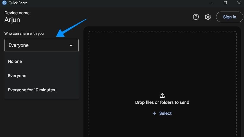 quick share on windows showing visibility setting