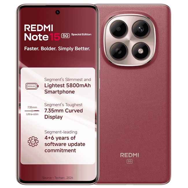 Redmi Note 15 SE 5G Crimson Reserve front and back design showcased