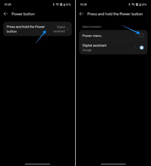 screenshot from oneplus phone showing how to change the power button behaviour