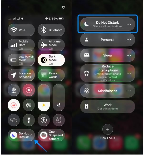 Turn off Do Not Disturb on iPhone from Focus Mode option in Control Centre