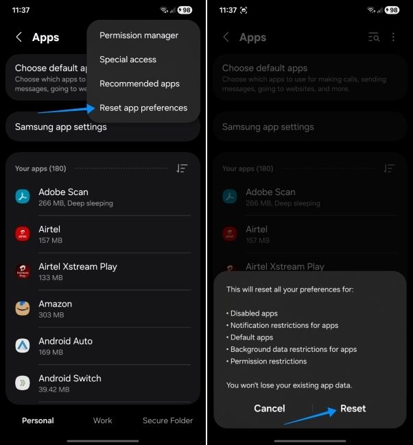 android screenshot showing steps to reset app preferences