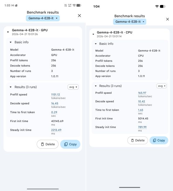 screenshot from phones showing dimensity 9500 and tensor g5 benchmark results on gemma 4