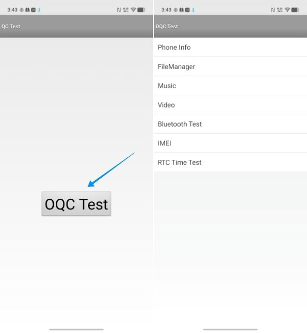 screenshot from vivo phone showing oqc test page, opened via vivo sensor check code