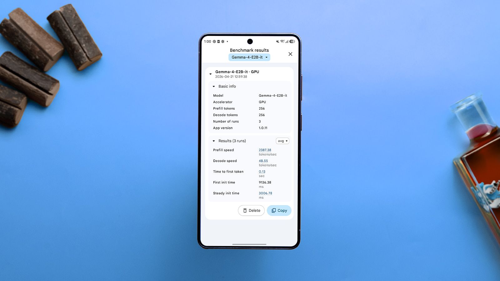 image of s26 ultra showing gemma 4 benchmark results, blue background