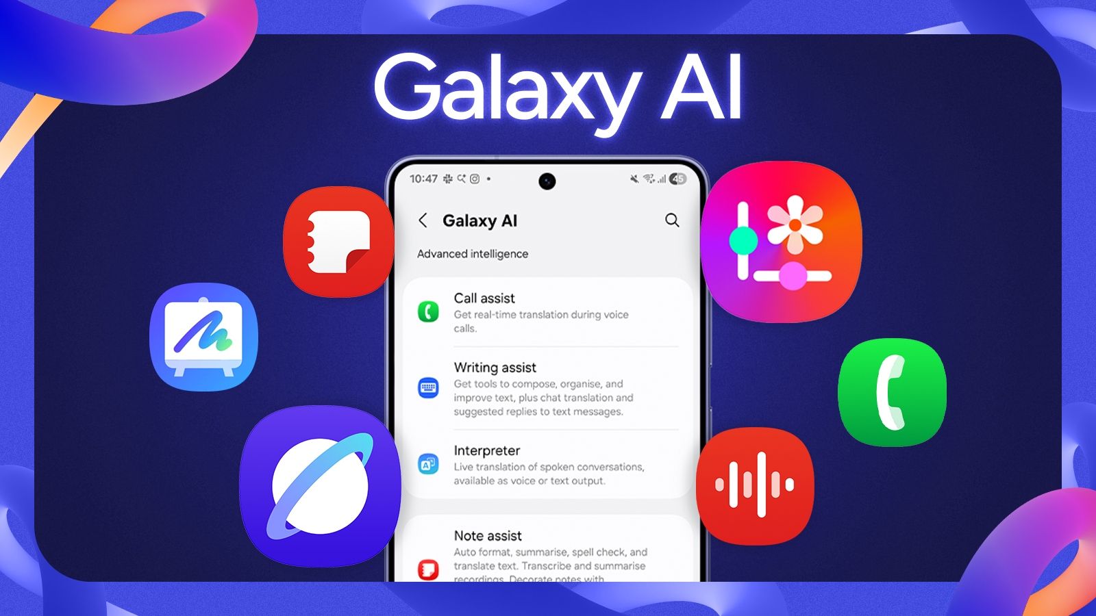 galaxy ai graphic showing logos of note assist, photo assist, and other ai features