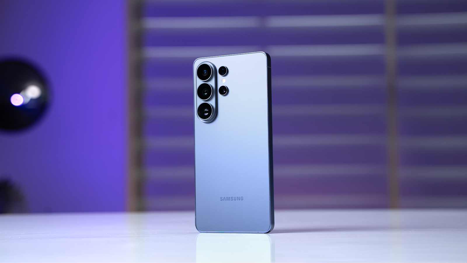 shot of the Samsung Galaxy S26 Ultra standing upright on a desk