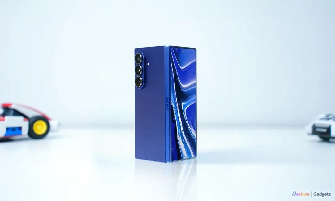 samsung galaxy z fold 7 standing upright with white background