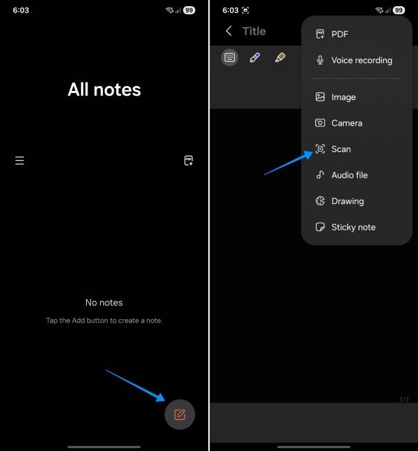 one ui screenshot showing how to scan multiple documents using samsung notes