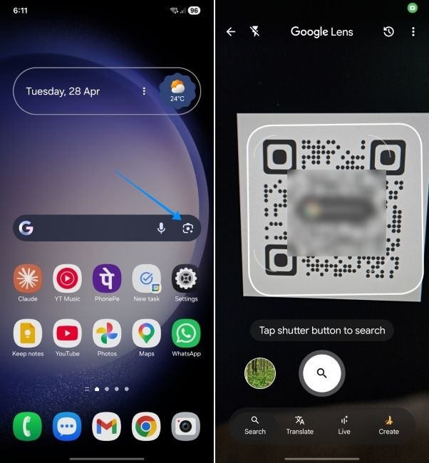 one ui screenshot showing how to use google lens to scan qr codes on samsung phones