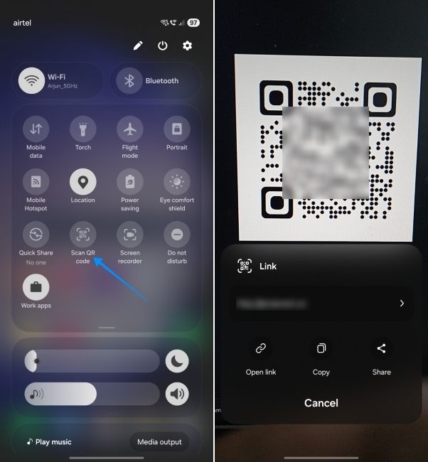 one ui screenshot showing how to scan qr code from the samsung's quick settings tile