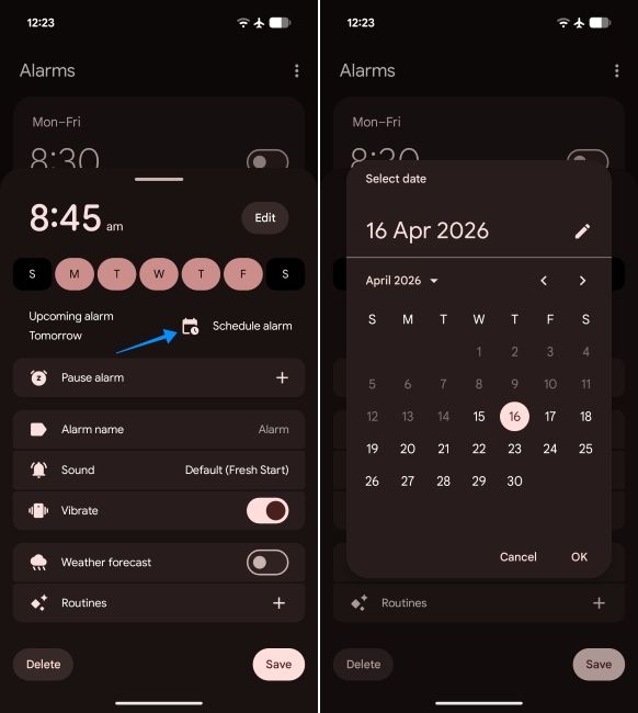 screenshot from the clock app on android showing how to schedule alarm