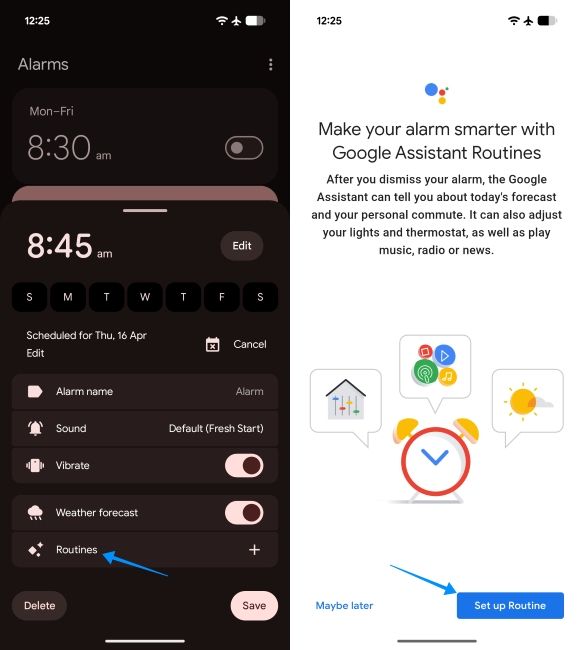 screenshot from the clock app on android showing how to set up routines