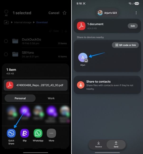 android screenshot showing quick share menu