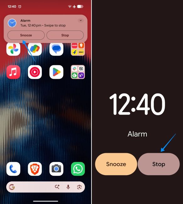 screenshot from the clock app on android showing how to snooze and stop alarms